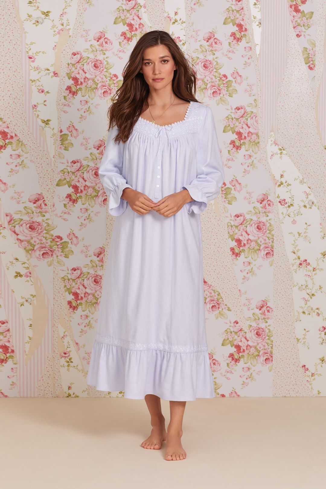 Heritage Cotton Flannel Embroidery Long Nightgown- Peri - Light Blue - 1