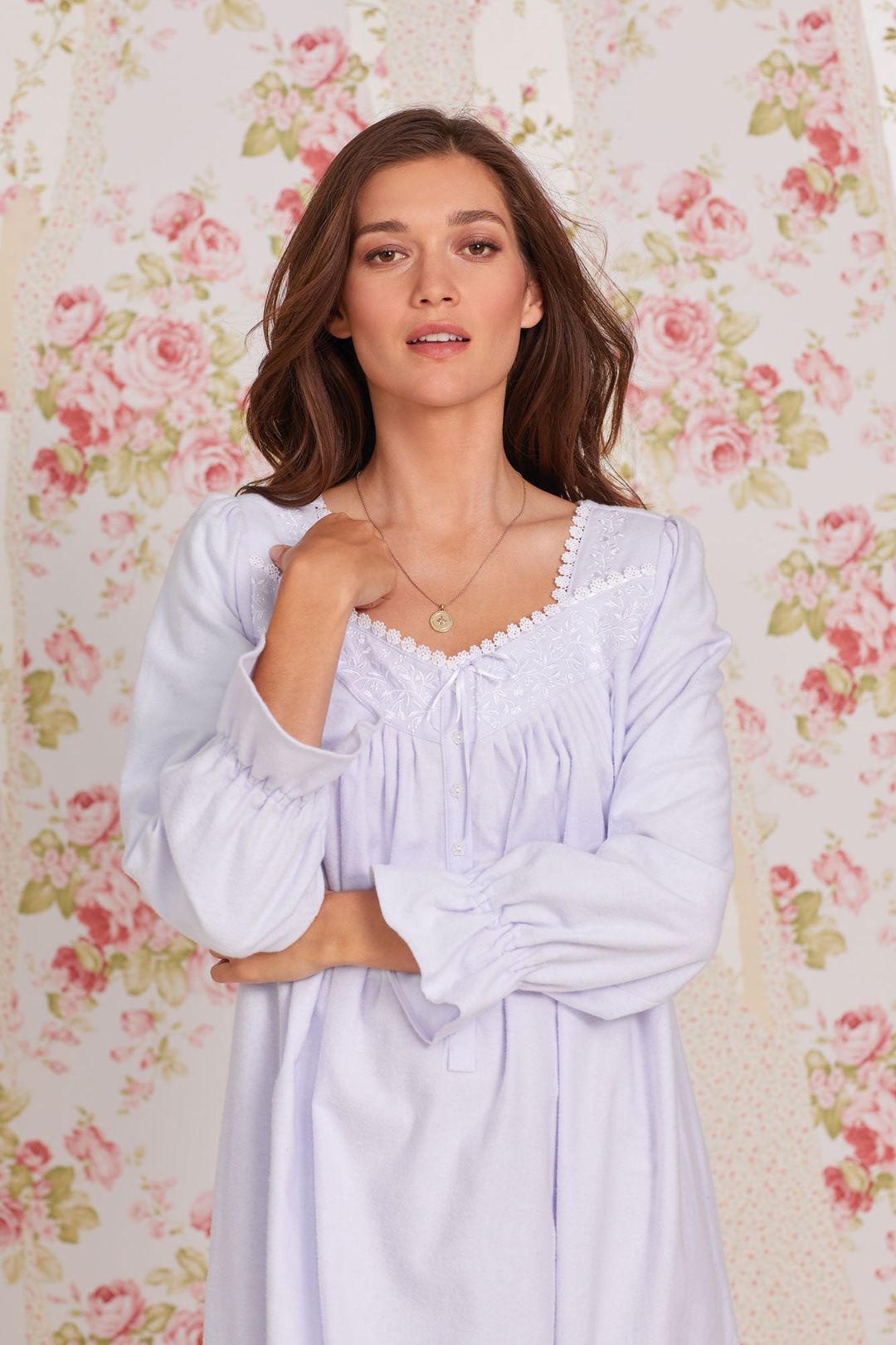 Heritage Cotton Flannel Embroidery Long Nightgown- Peri - Light Blue - 2