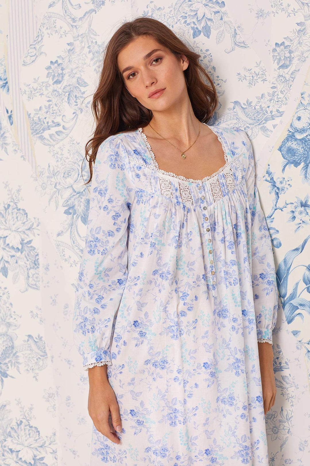 Moonflower Eileen Cotton Long Sleeve Nightgown - Blue - 3