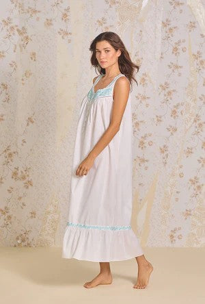 Iconic White Aqua Embroidery "Eileen" Cotton Lawn Nightgown - White - 2