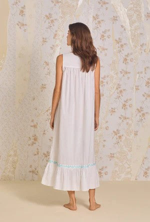 Iconic White Aqua Embroidery "Eileen" Cotton Lawn Nightgown - White - 5