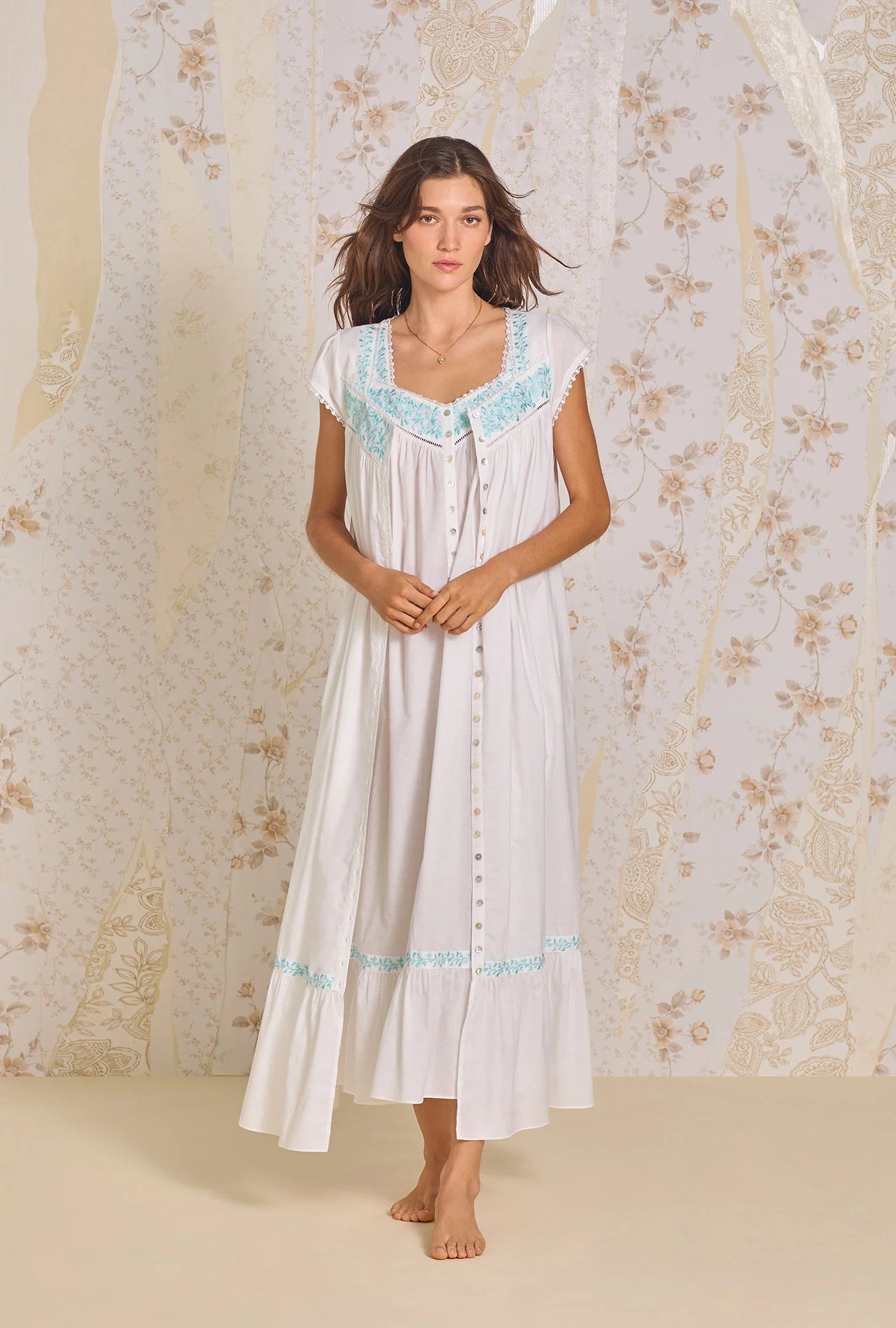 Iconic White Aqua Embroidery "Eileen" Cotton Lawn Nightgown - White - 6
