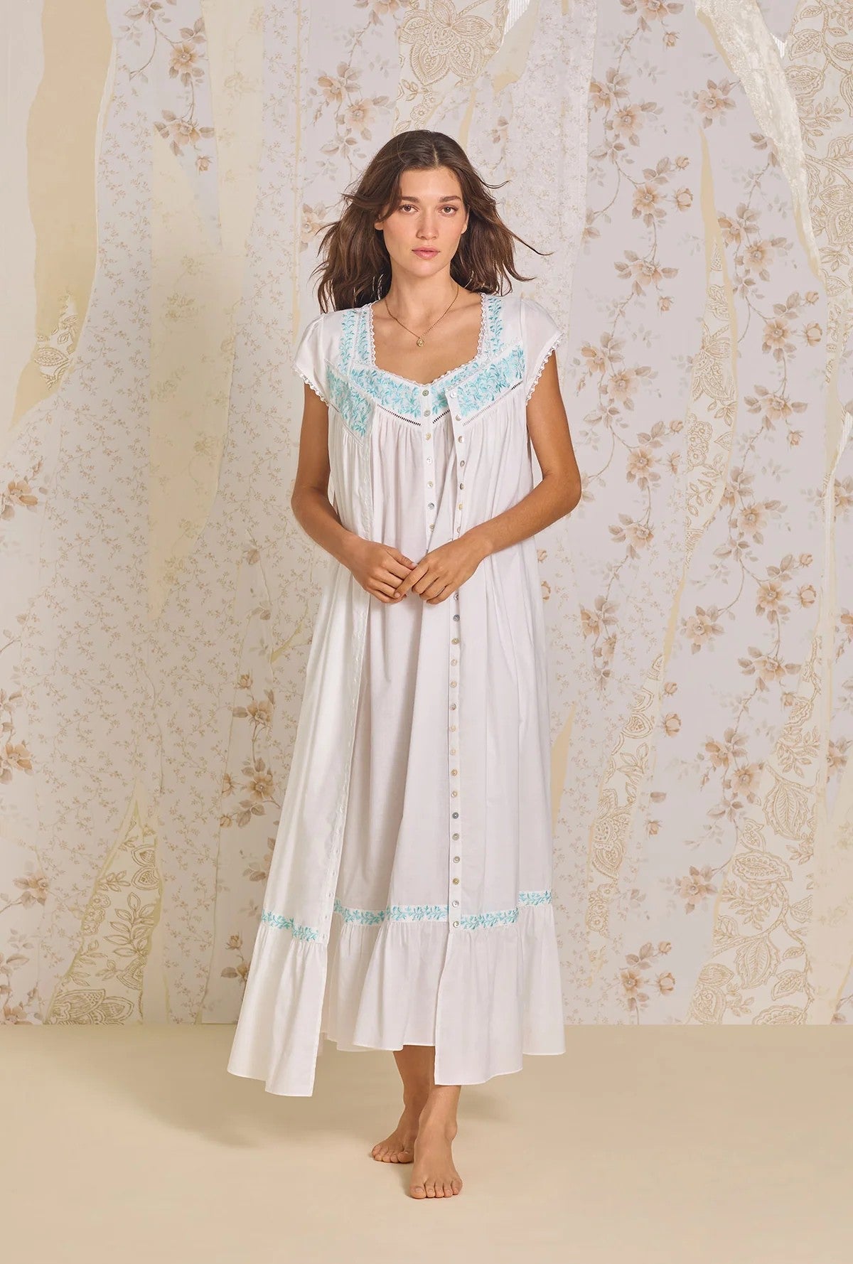 Iconic White Aqua Embroidery Cotton Lawn Button Front Robe - White - 1