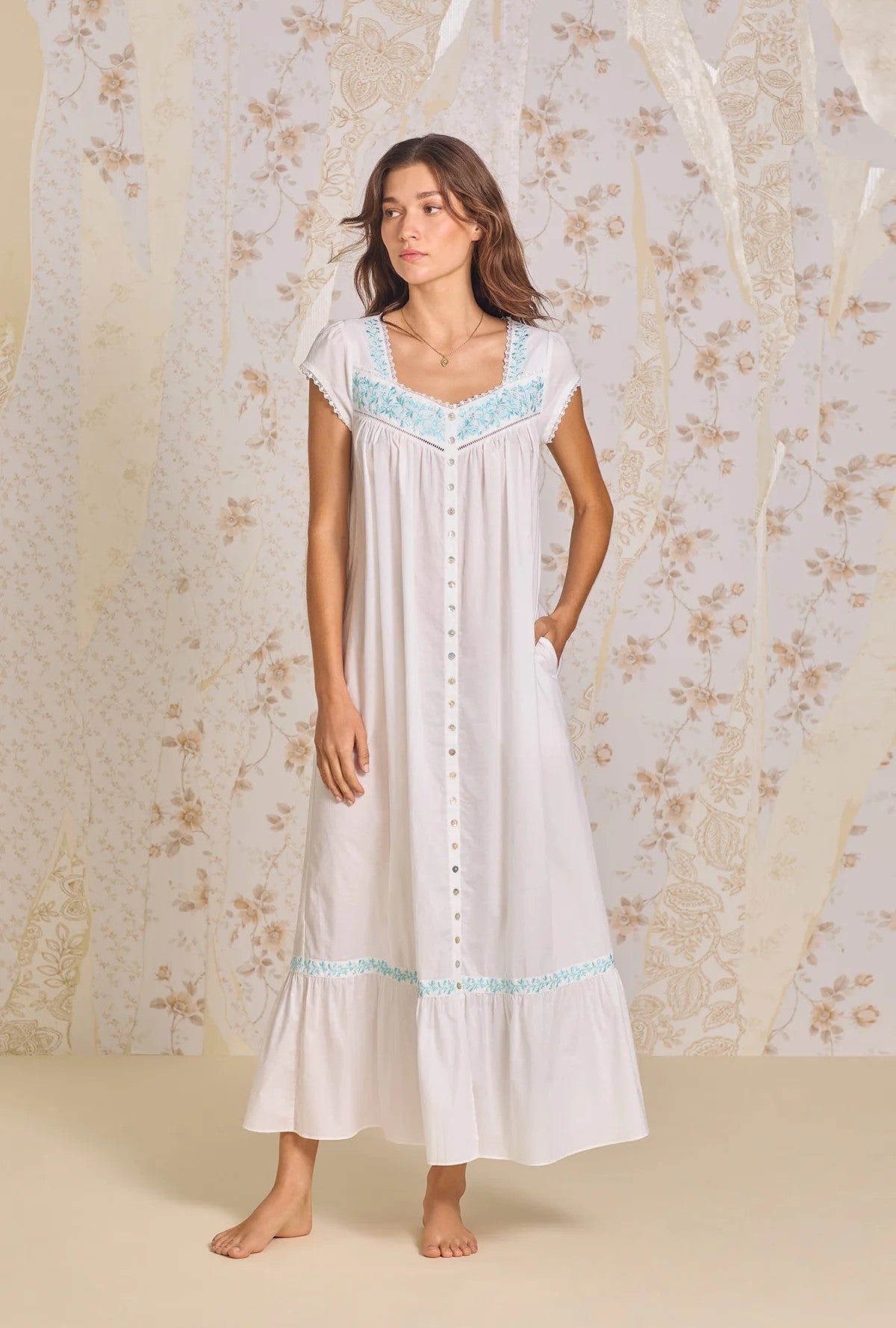 Iconic White Aqua Embroidery Cotton Lawn Button Front Robe - White - 2