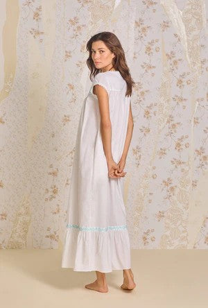 Iconic White Aqua Embroidery Cotton Lawn Button Front Robe - White - 3