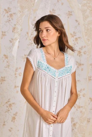 Iconic White Aqua Embroidery Cotton Lawn Button Front Robe - White - 4