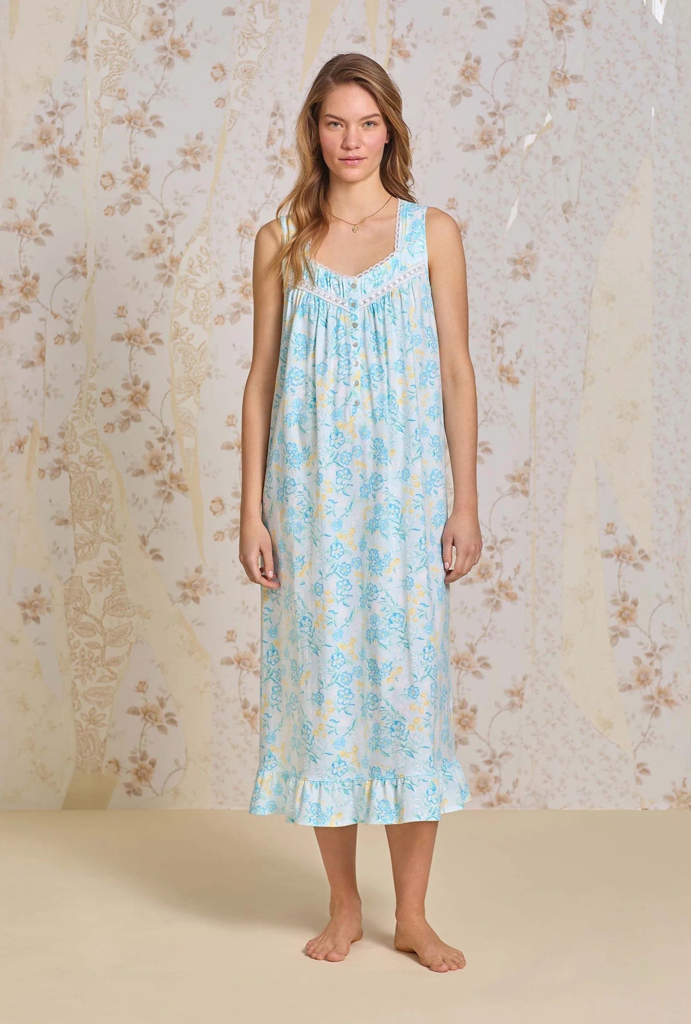 Lemon Flora Cotton Knit Ballet Nightgown - Aqua - 1