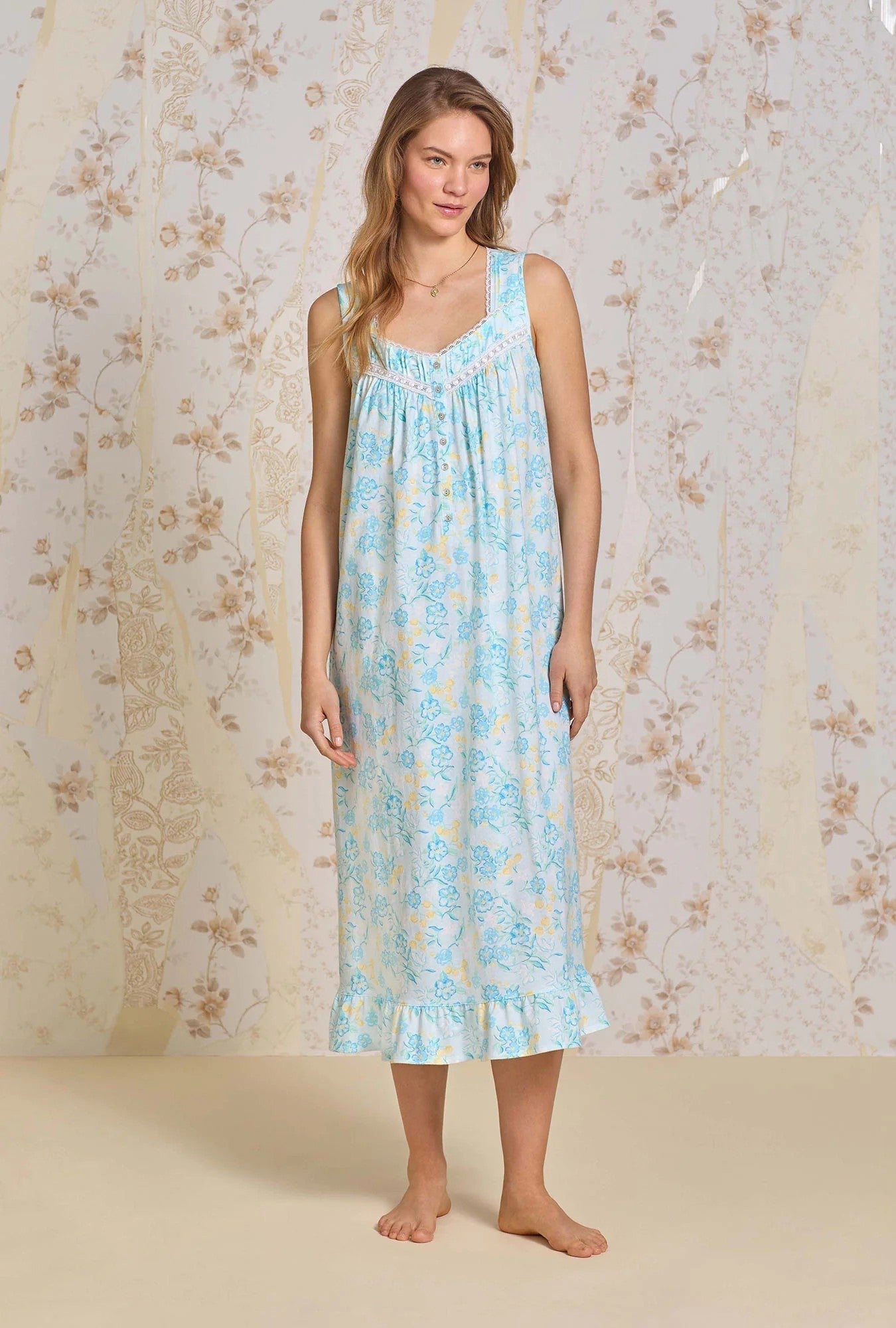 Lemon Flora Cotton Knit Ballet Nightgown - Aqua - 2