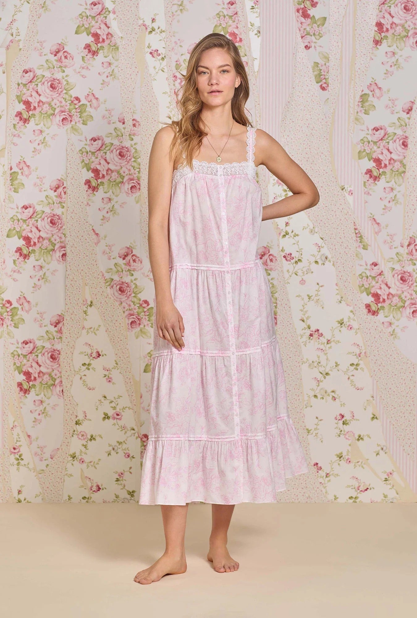 The "Camille" Iconic White Cotton Lawn Nightgown - Pink - 2