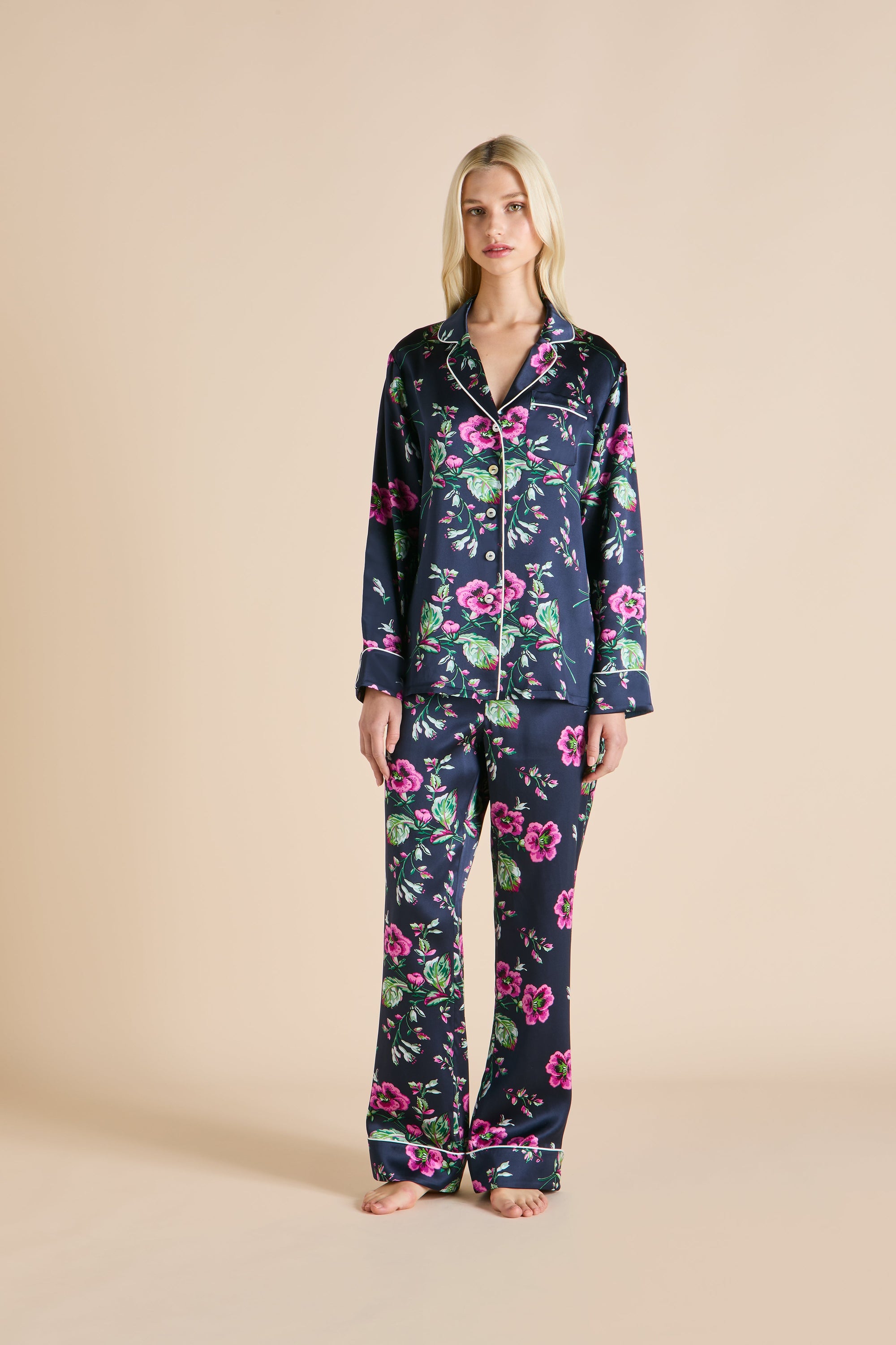 Lila Madison Ladies Woven Long Pyjama Set  - Navy - 1