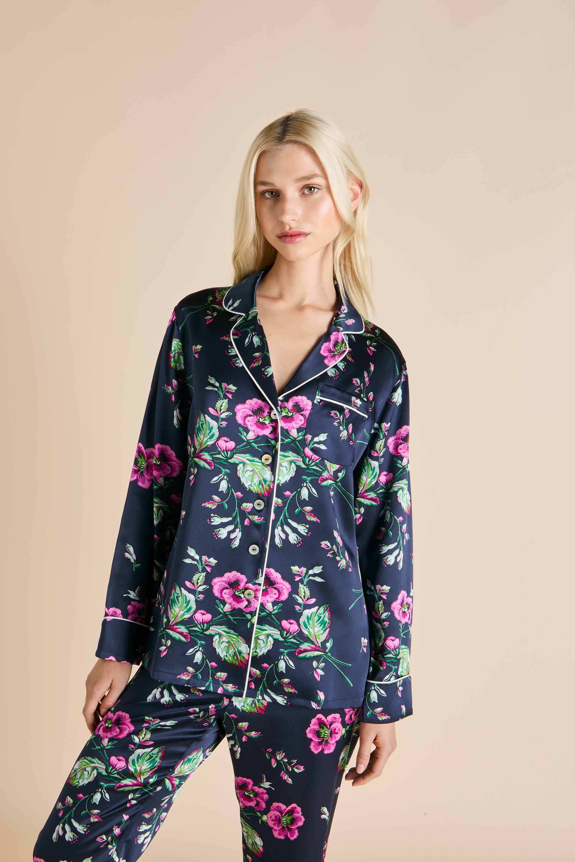 Lila Madison Ladies Woven Long Pyjama Set  - Navy - 2