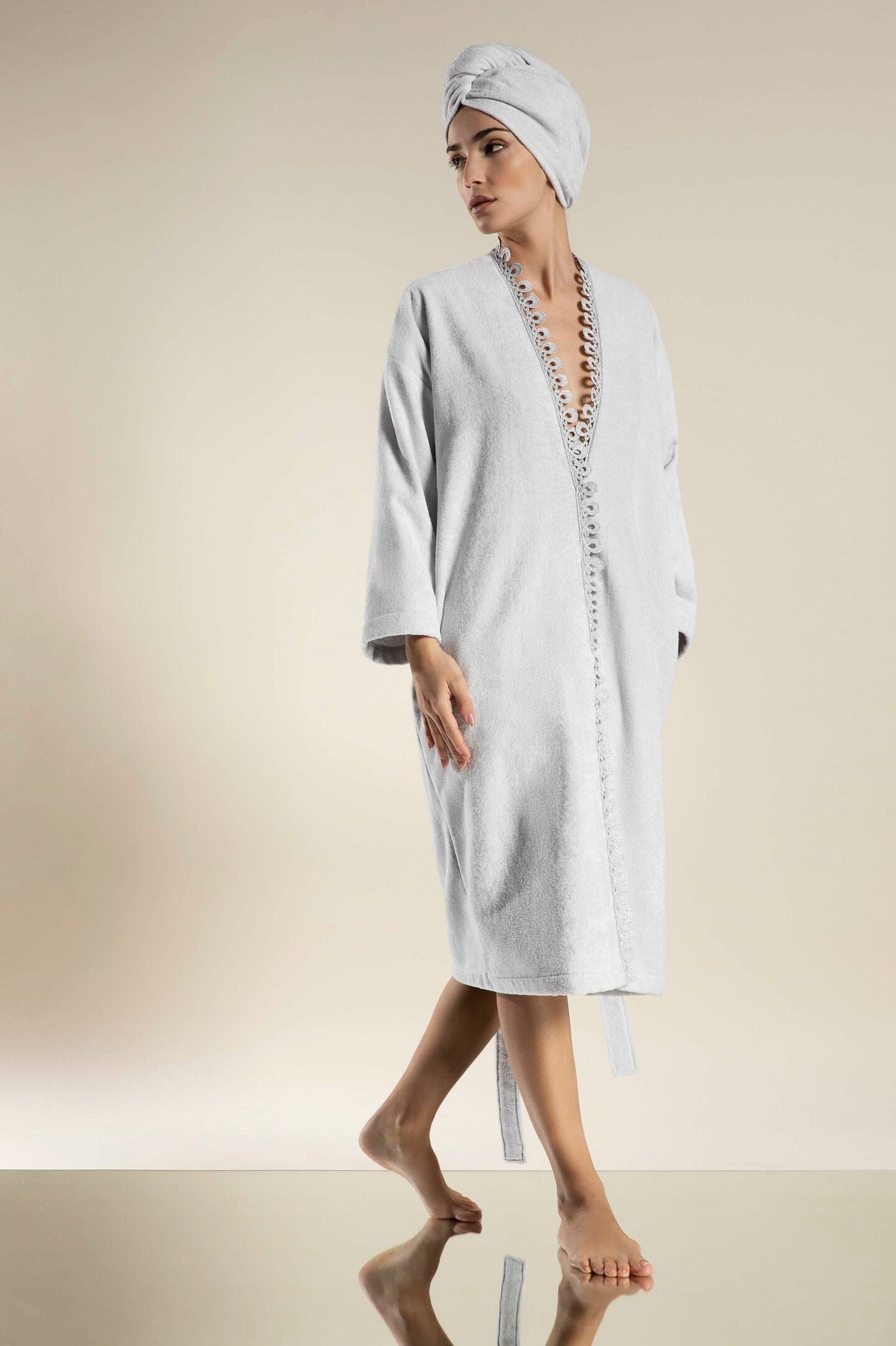 Macramé kimono bathrobe - Gray - 1