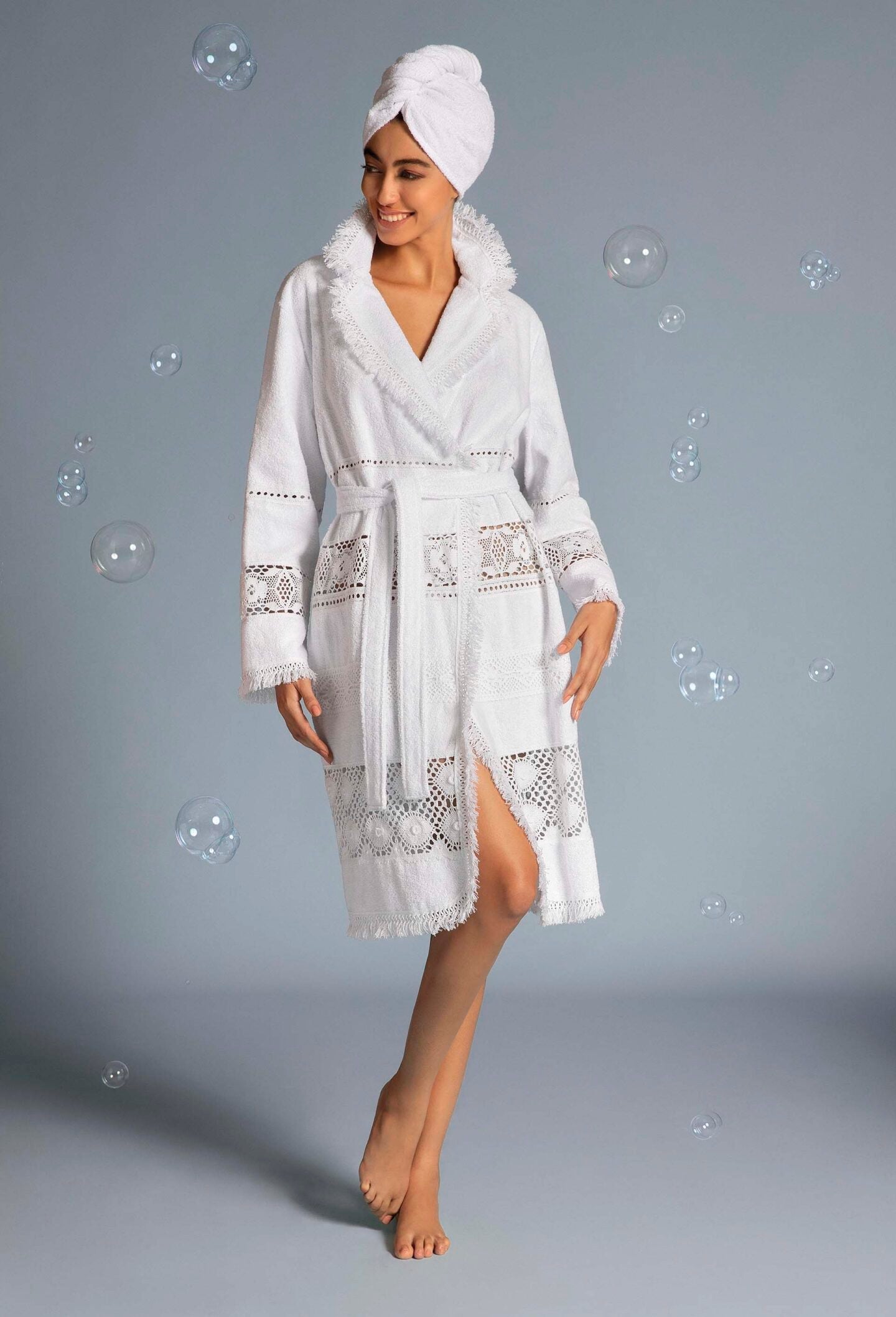 Multi-lace trench bathrobe - White - 1