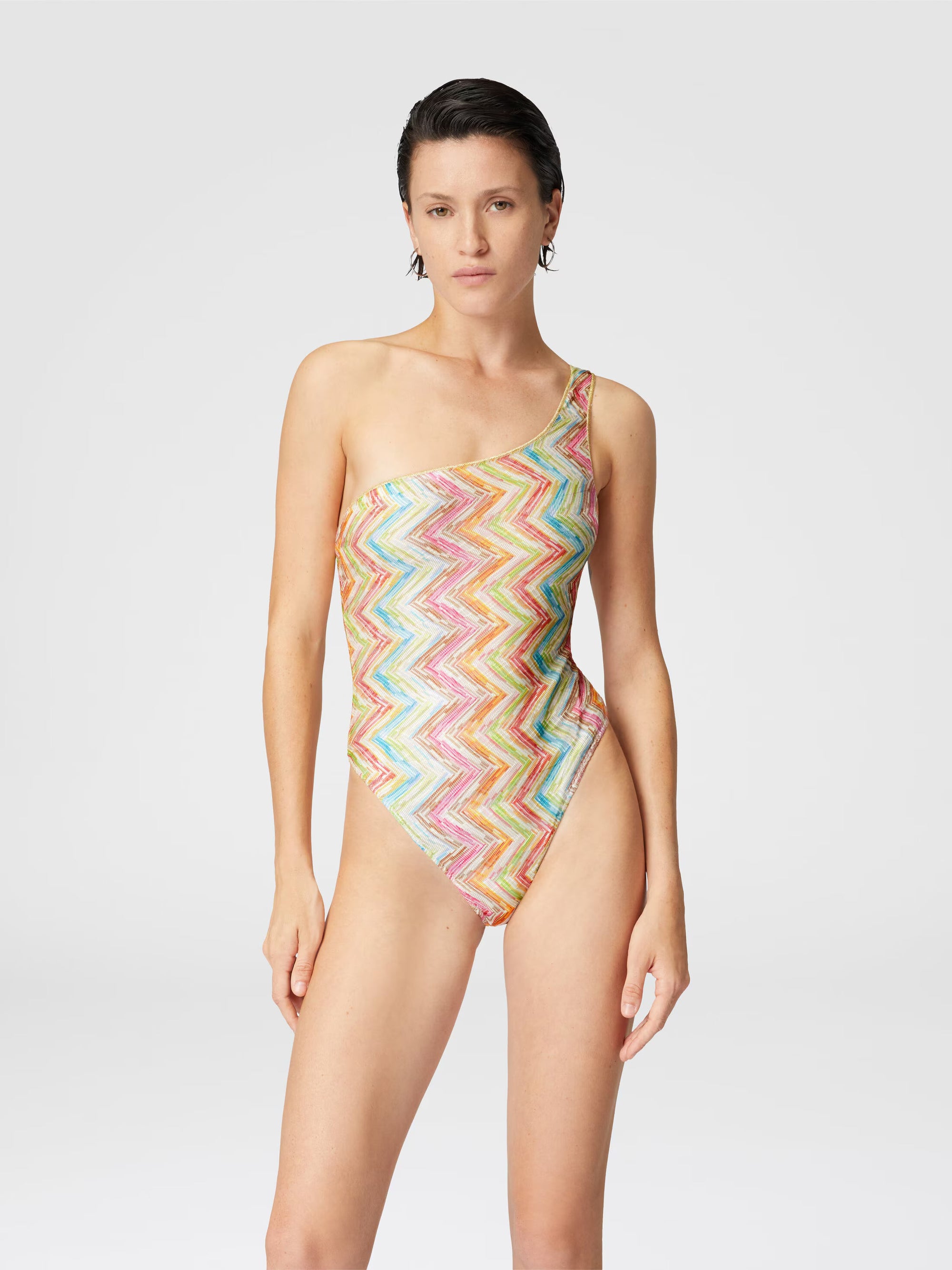 One-shoulder one-piece swimsuit in printed tulle - 1