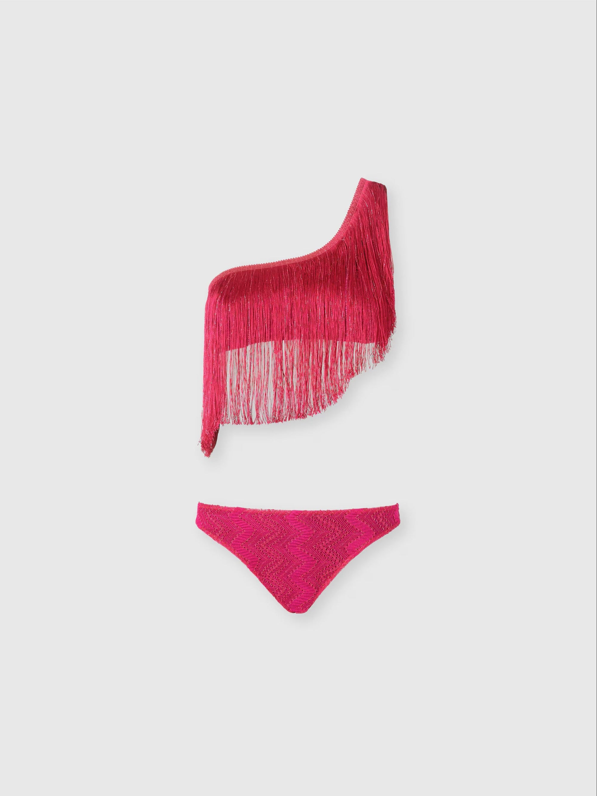 One-shoulder zigzag lamé viscose bikini with fringes - Oudi - 1