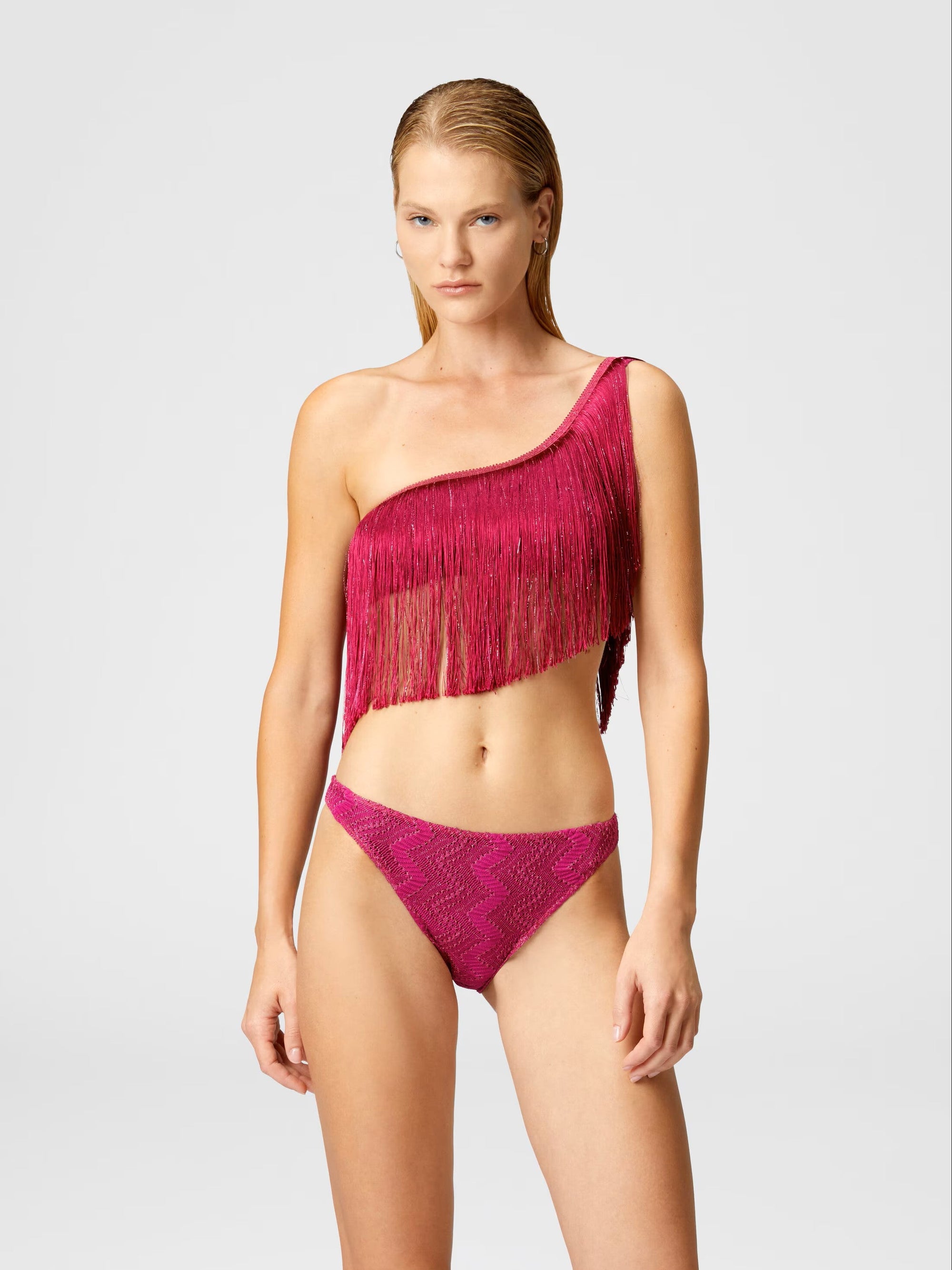 One-shoulder zigzag lamé viscose bikini with fringes - Oudi - 2