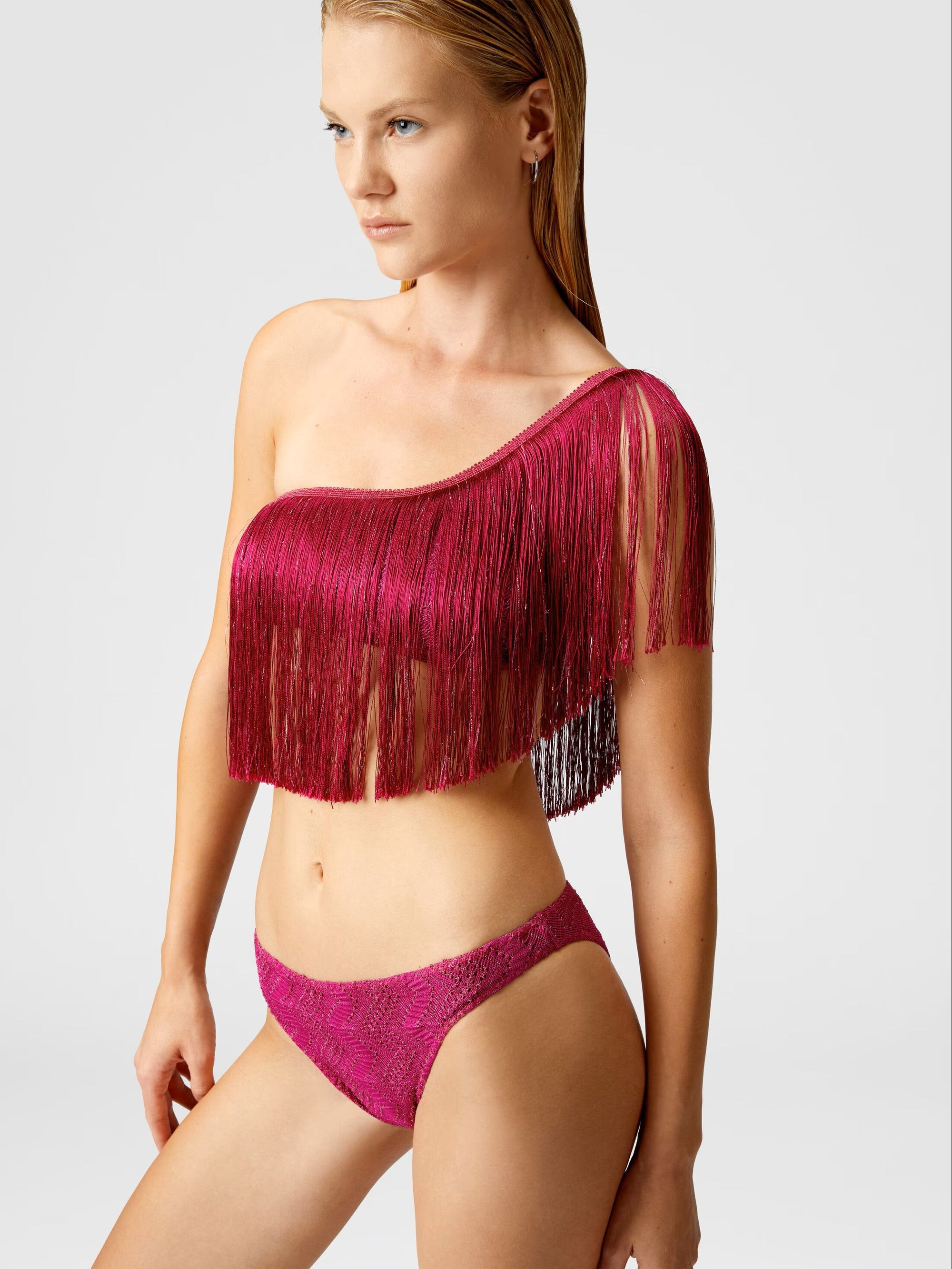 One-shoulder zigzag lamé viscose bikini with fringes - 5