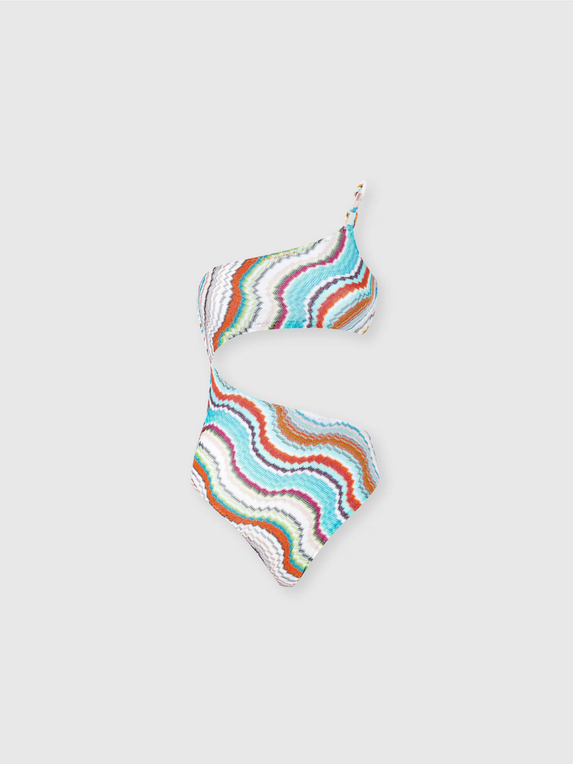 One-shoulder one-piece swimsuit with lamé wave motif and cut-out detail - Mix - 1