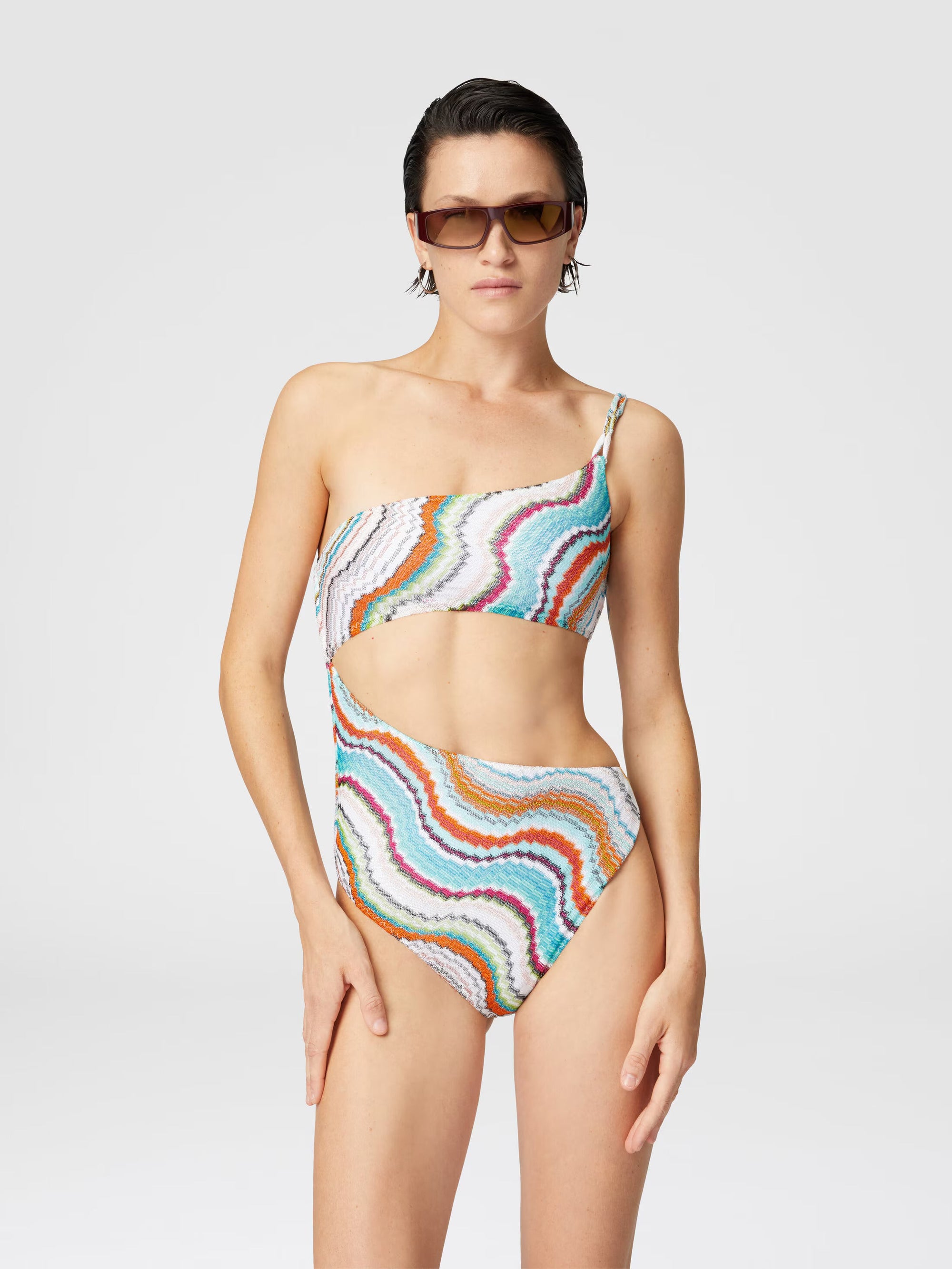 One-shoulder one-piece swimsuit with lamé wave motif and cut-out detail - Mix - 2