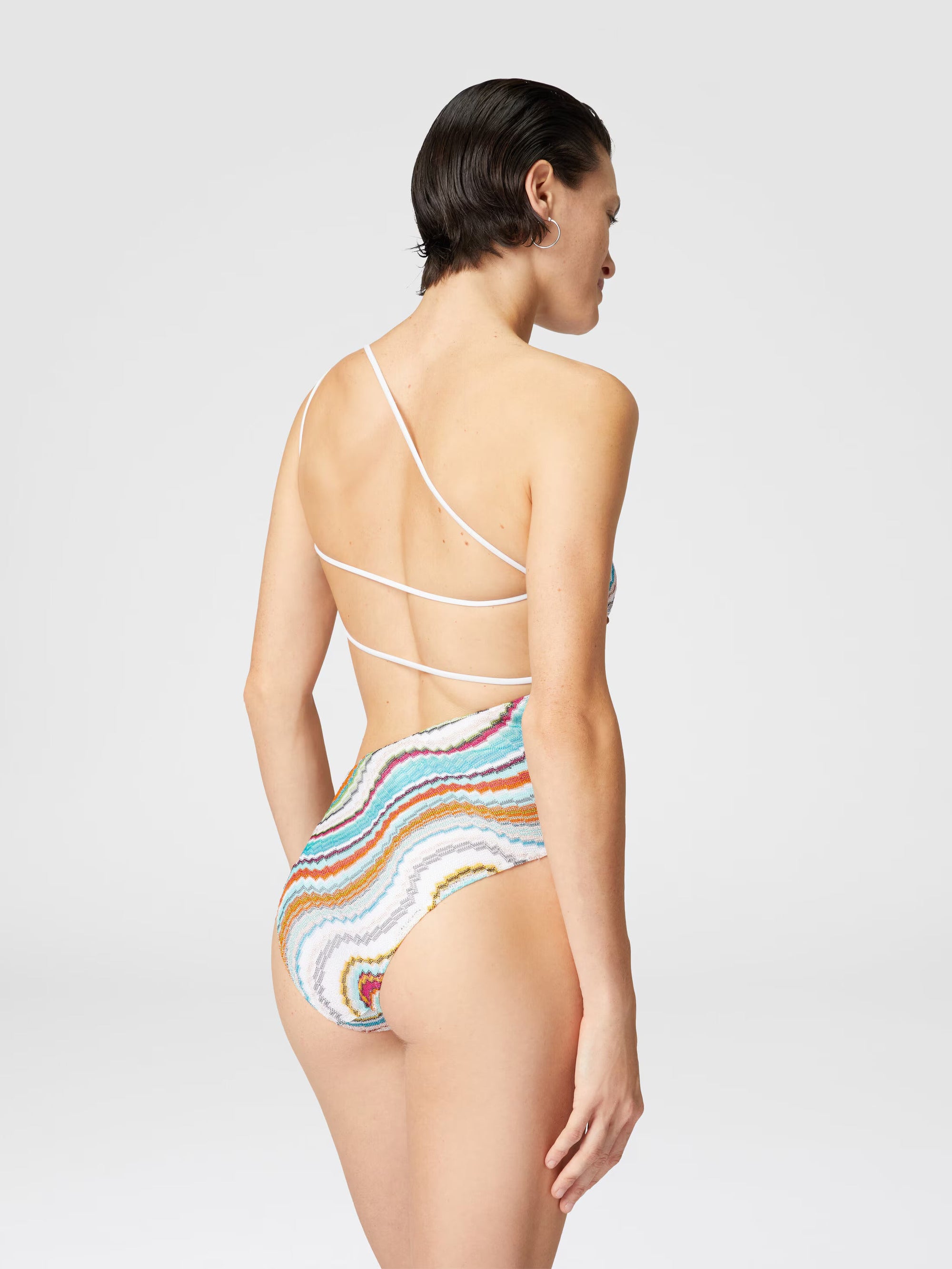 One-shoulder one-piece swimsuit with lamé wave motif and cut-out detail - Mix - 3