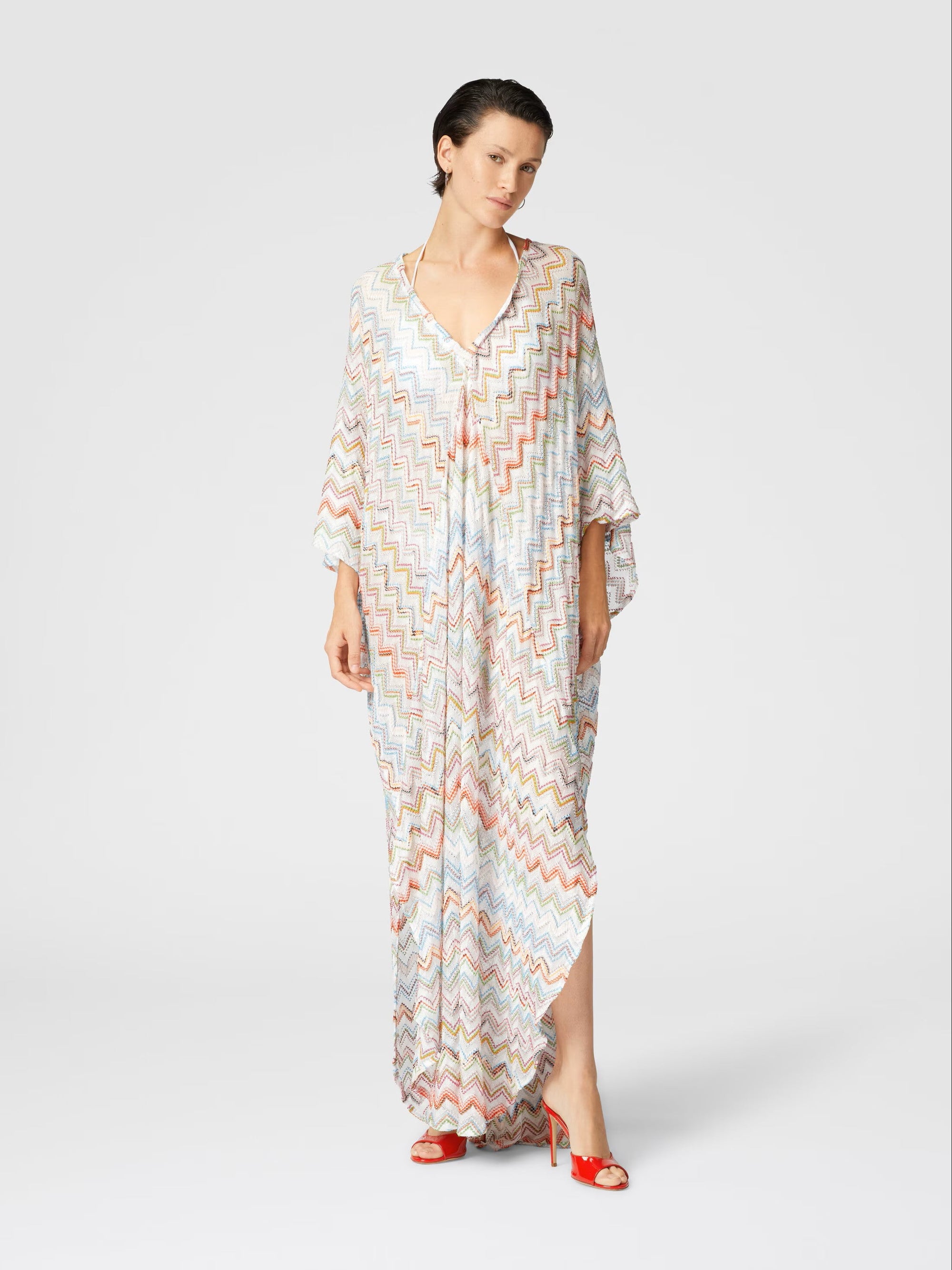 Long kaftan with 3D zig zag lamé and batwing sleeves - 1
