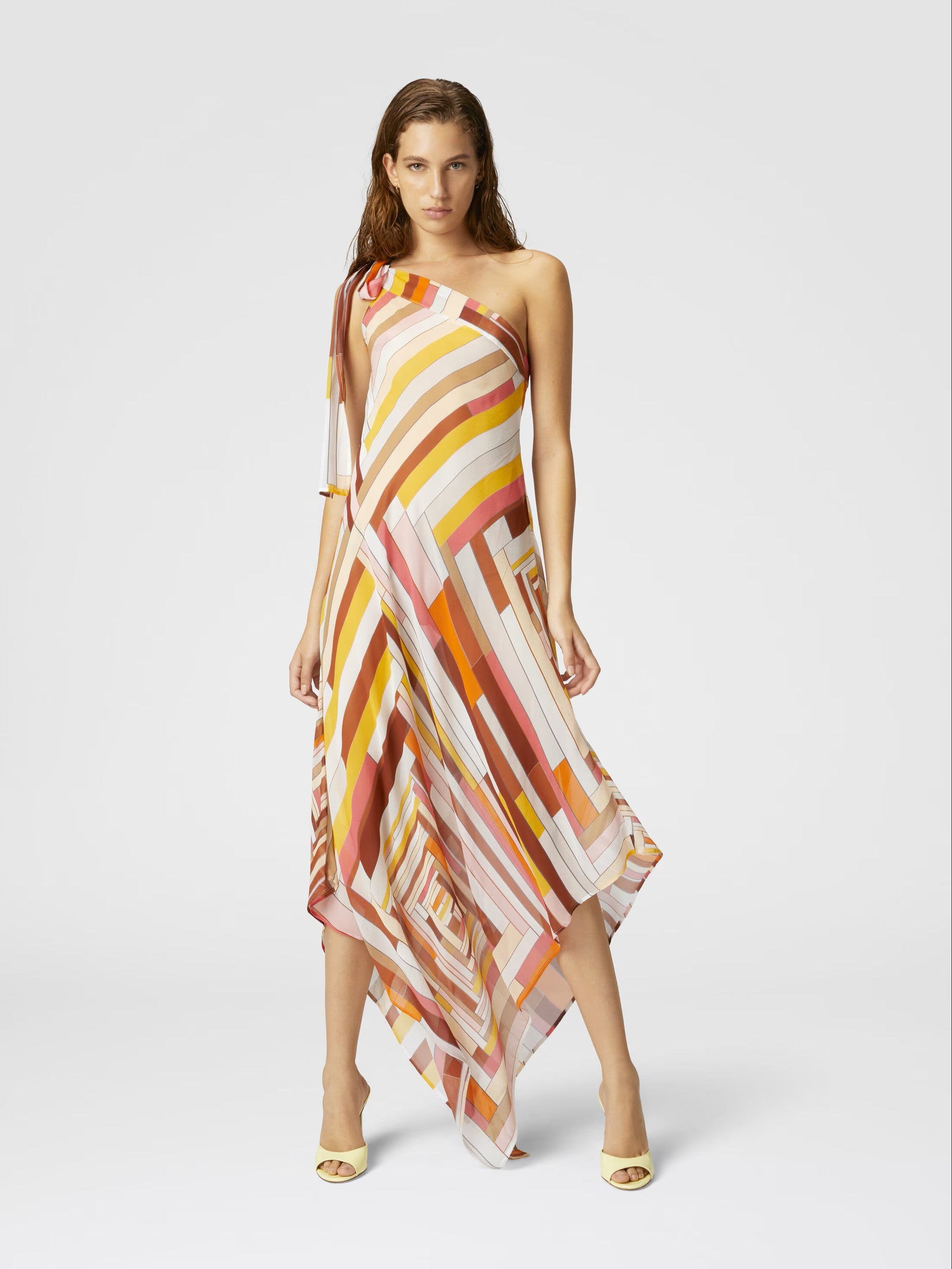 One-shoulder cover-up dress in printed silk with scarf bottom - 3