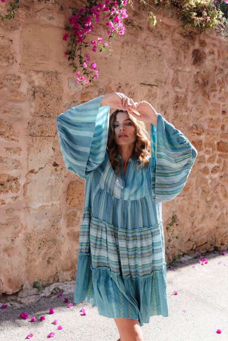 Patchwork Mini Boho Dress - Blue - Blue - 1