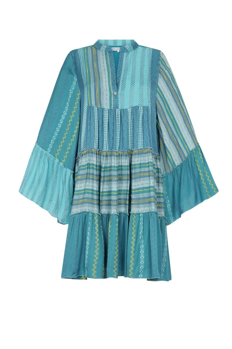 Patchwork Mini Boho Dress - Blue - 2