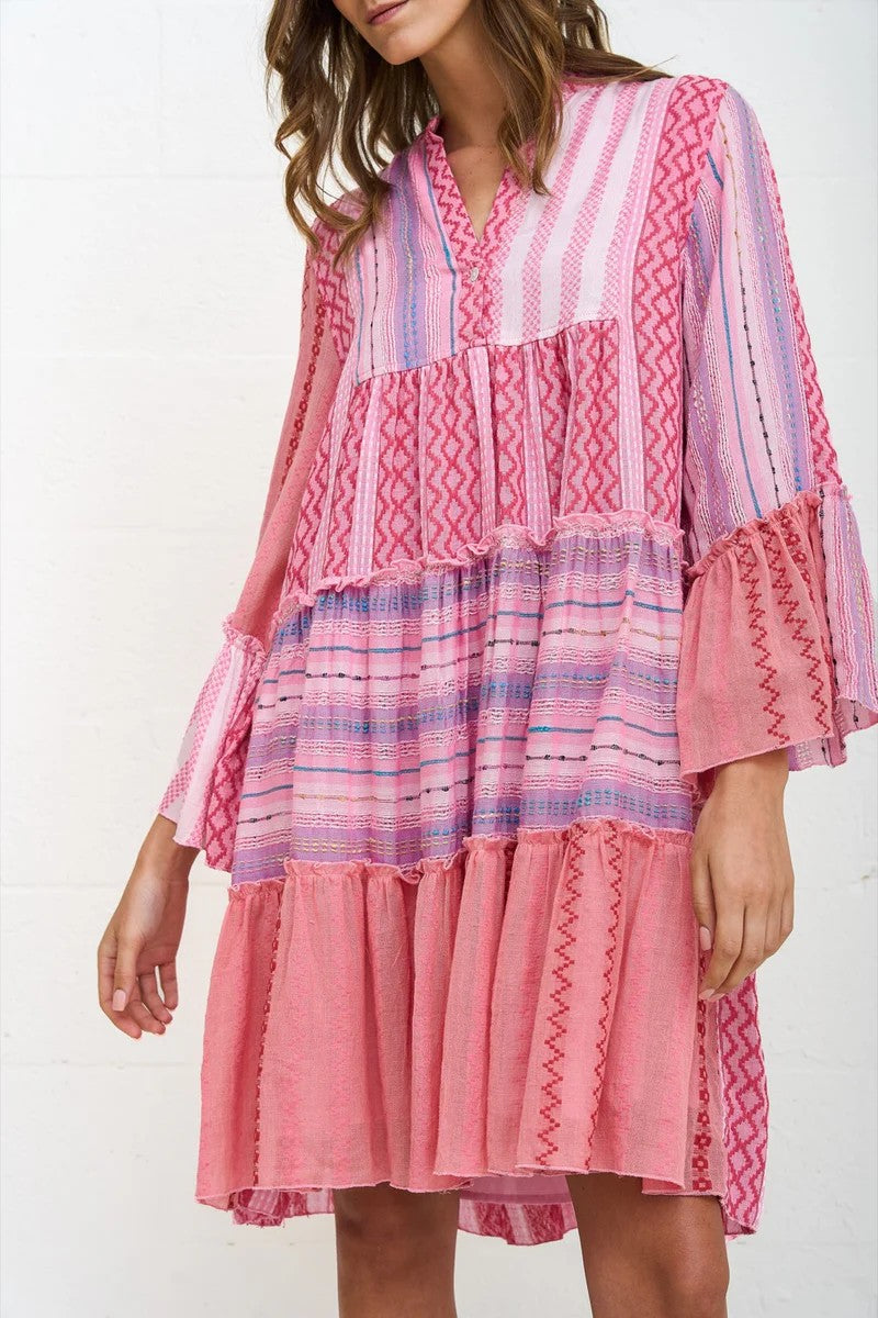 Patchwork Mini Boho Dress - Pink - 2