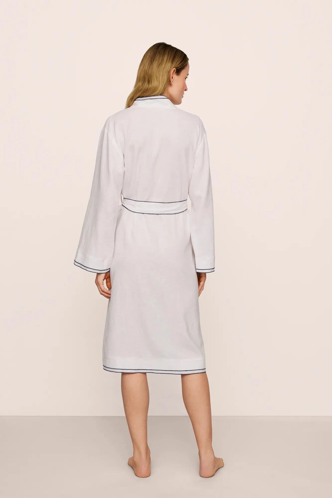 Linen Blend Long Sleeve Robe - White - 2