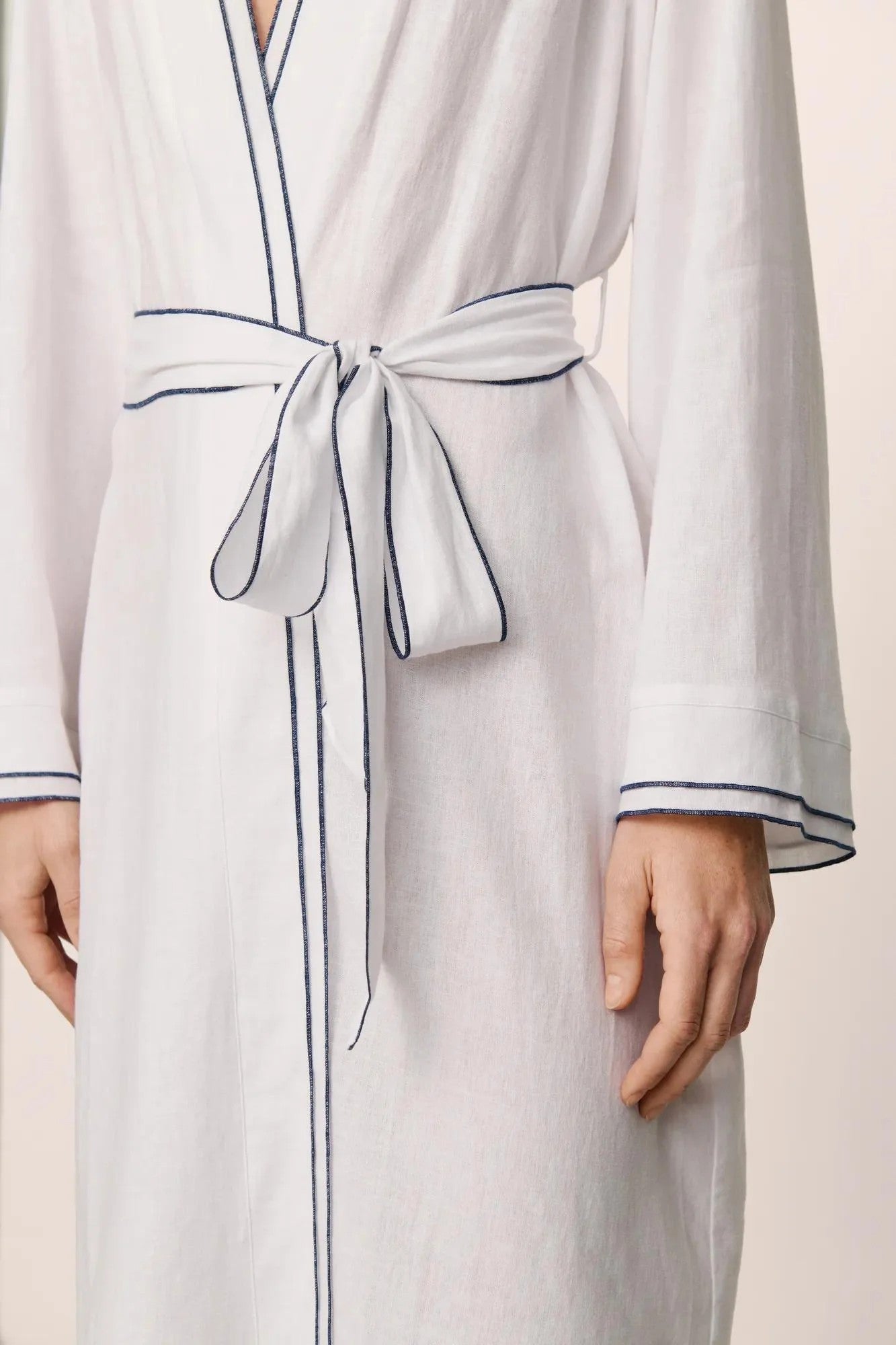 Linen Blend Long Sleeve Robe - White - 3