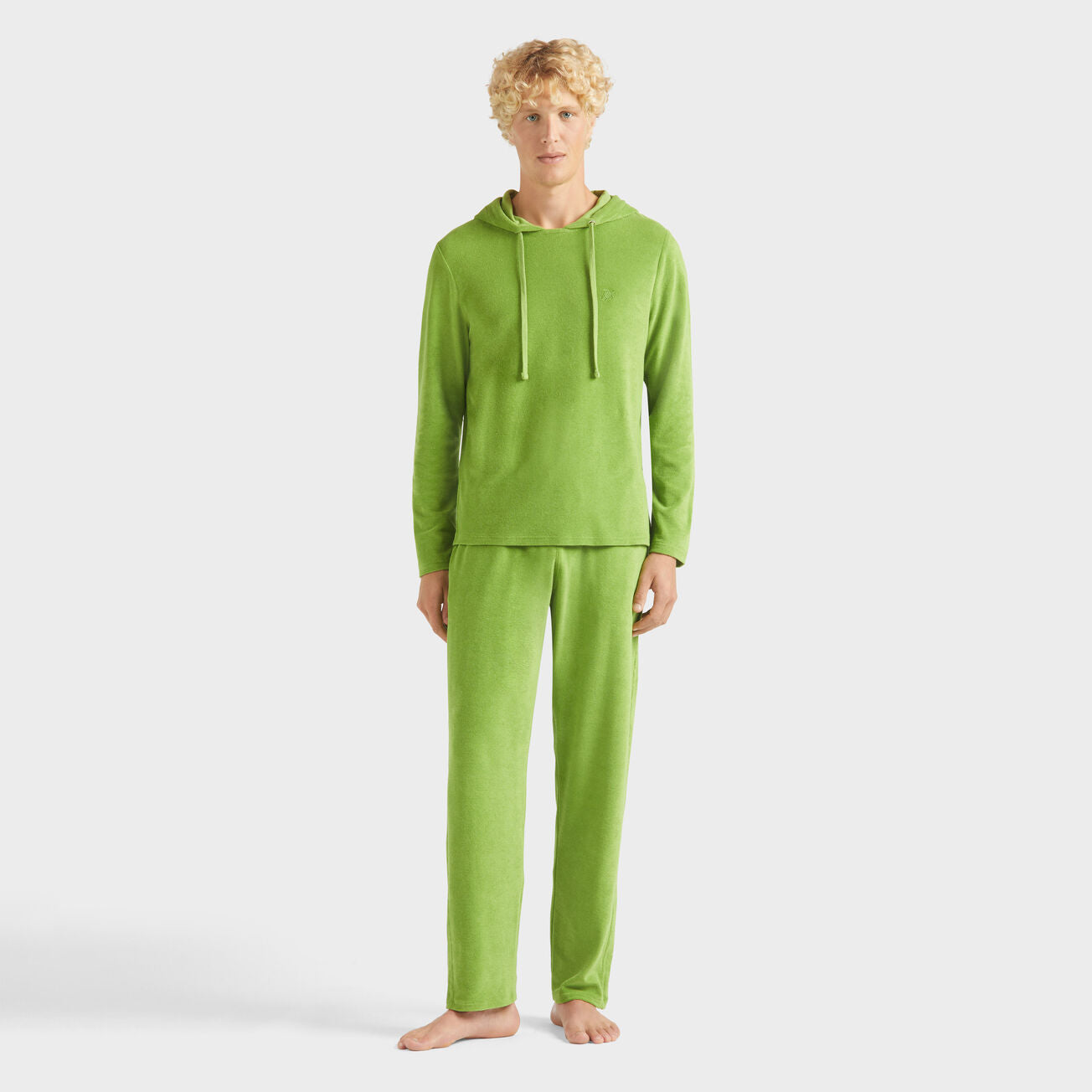 Men Terry Long-sleeves Hooded T-shirt - Green - 1