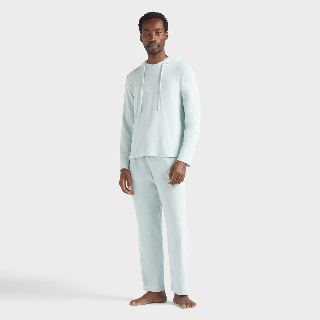 Men Terry Long-sleeves Hooded T-shirt - Light Blue - 1