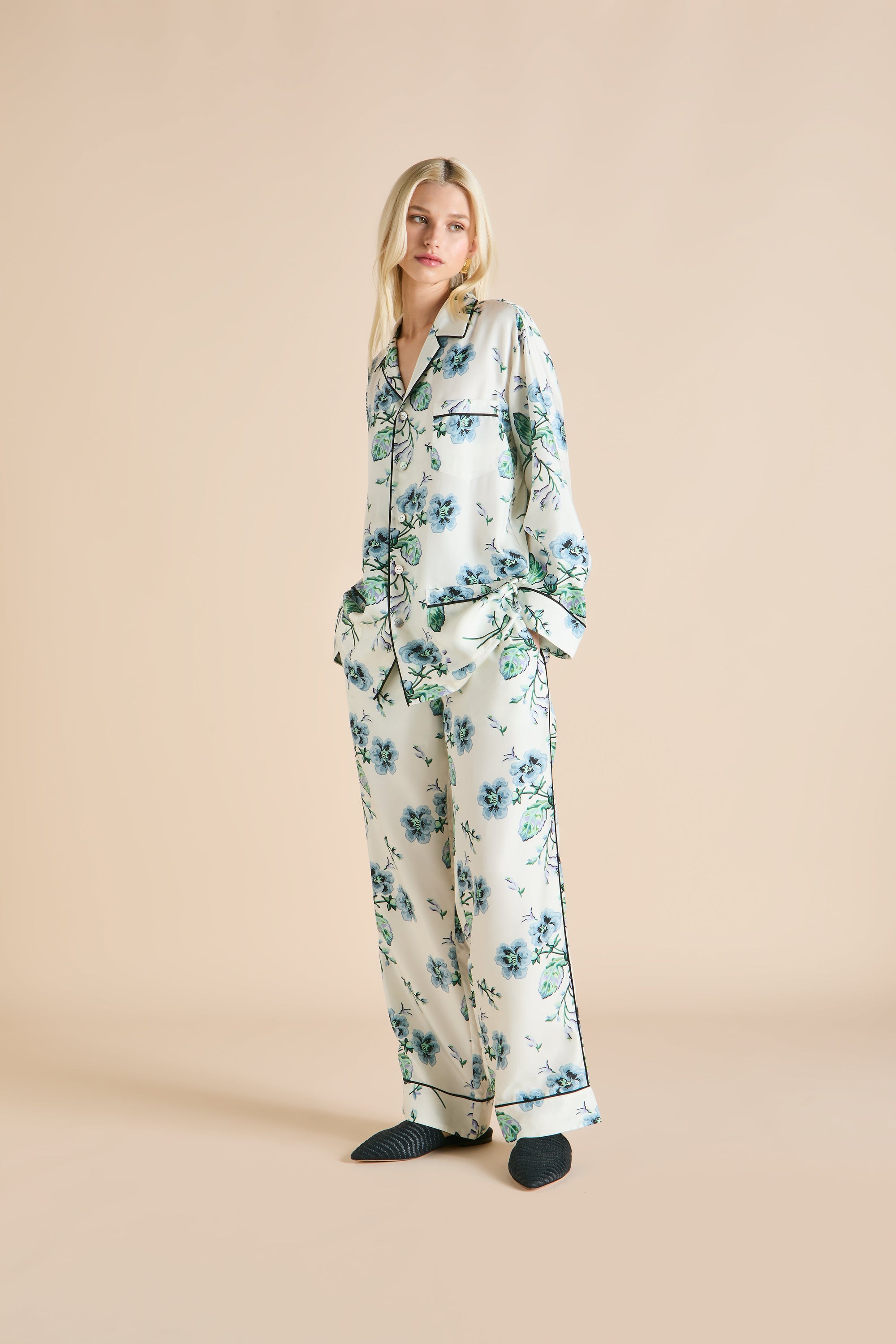 Yves Caldwell Ladies Woven Long Pyjama Set  - Ivory - 2