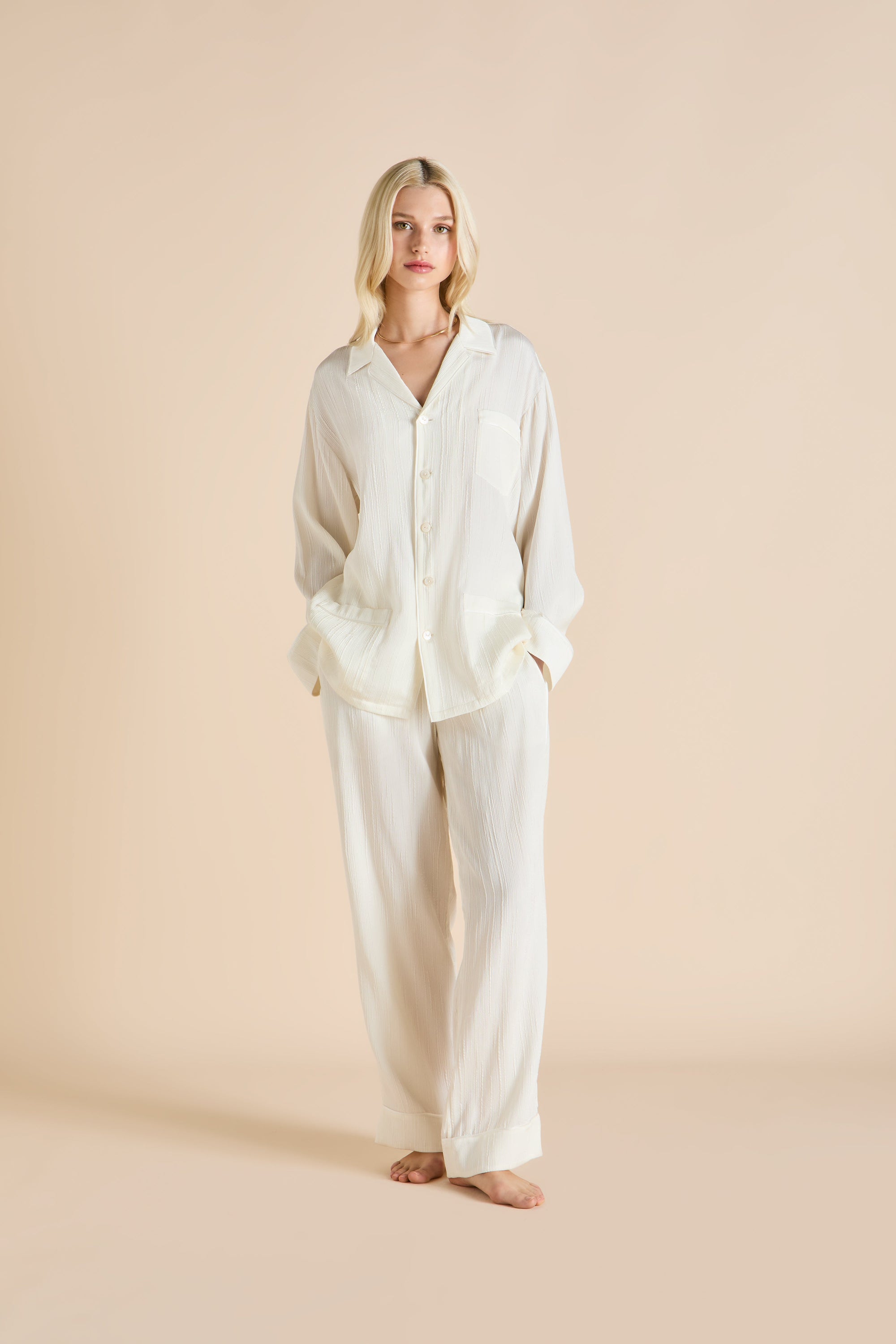 Yves Tabitha Ladies Woven Long Pyjama Set  - Ivory - 2